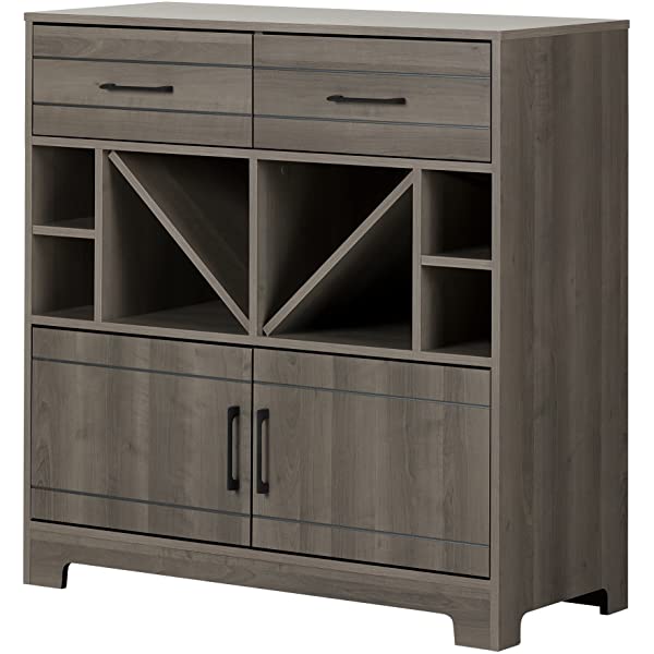 South Shore Vietti Bar Cabinet with Liquor and Wine Bottle Storage with Drawers, Black Oak with Metal Handles