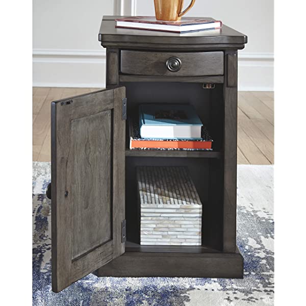 Signature Design by Ashley Tyler Creek Rustic Chair Side End Table with Pull-Out Tray & USB Ports, Brown Blackish Brown Table