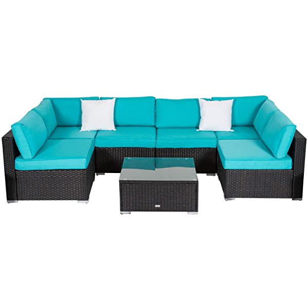 Kinsunny Peach Tree 7 PCs Outdoor Patio Furniture Sets PE Rattan Wicker Sofa Sectional Furniture Set with 2 Pillows and Tea Table