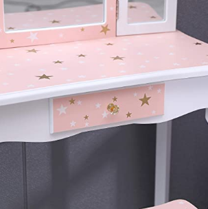 Nromant Kids Vanity Table and Chair Set, Girls Vanity Set with Mirror and Stool, Tri-Folding Mirror, Makeup Dressing Princess Table with Drawer, Kids Vanity Set with Mirror Age 4-9