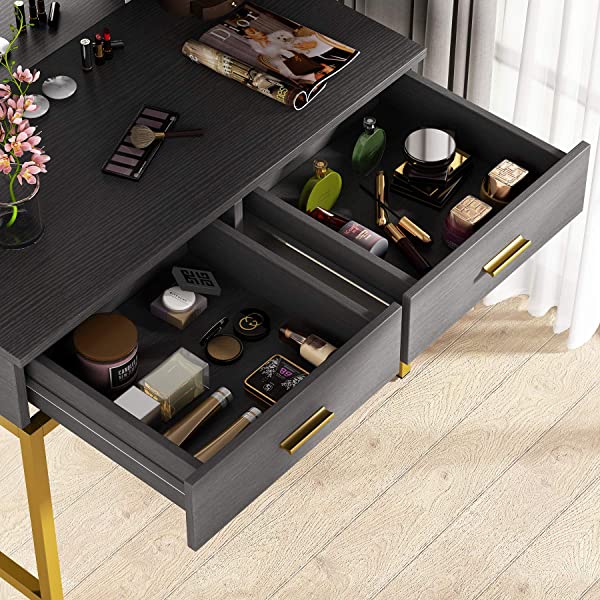 Vanity Set with LED Lighted Mirror and Cushioned Stool, Large Vanity Table Dressing Table Desk with Storage Shelves and 2 Drawers for Bedroom (Gold/w Lights)