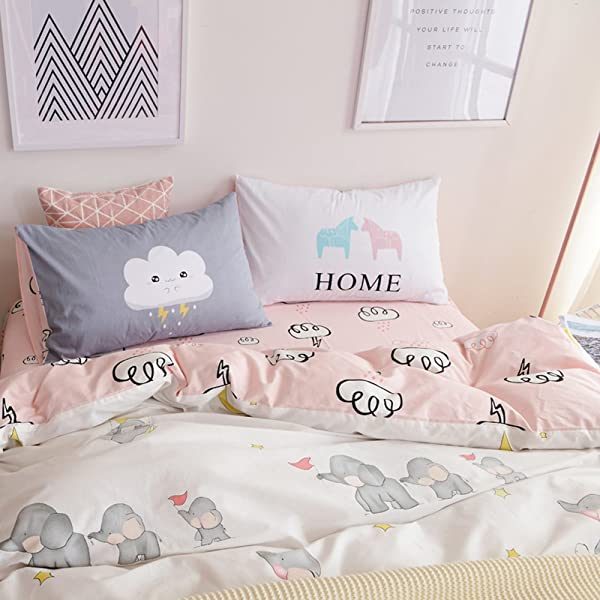 New Cartoon Animals Elephant Print Duvet Cover Sets for Kids 100% Cotton Reversible Soft 3 Pieces Kids Bedding Duvet Cover Pillowcases Kawaii Cloud Bedding Sets, Queen/Full Full/Queen (1 Duvet Cover + 2 Pillowcases) Multi A00 Elephant Bunny Balloon