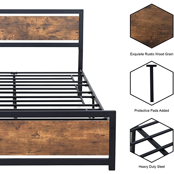 Amerlife Queen Size Bed Frame with Wood Headboard - Metal Platform Bed with Industrial Footboard - Heavy Duty Steel Mattress Foundation/ 4 U-Shaped Support Frames/Rustic Country Style/Easy Assembly Queen Dark Brown