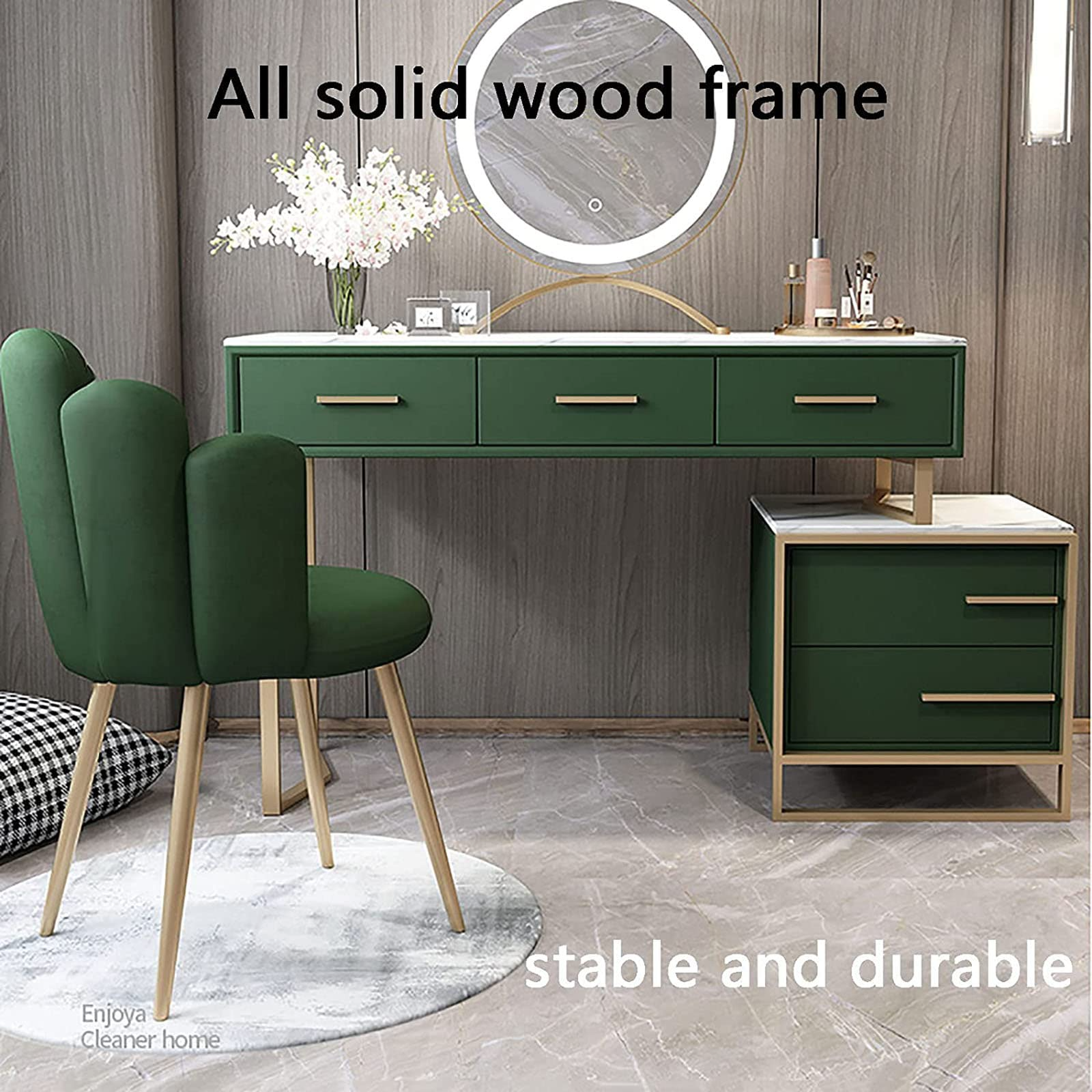 【Furniture】Italian Dressing Table with LED Mirror, Makeup Table with Marble Textured, Lockers & Makeup Chairs