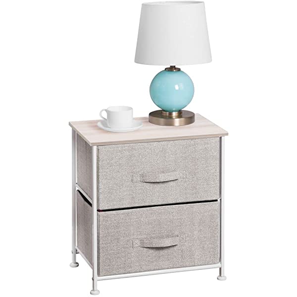 mDesign Storage Dresser End/Side Table Night Stand Furniture Unit - Small Standing Organizer for Bedroom, Office, Living Room, and Closet - 2 Drawer Removable Fabric Bins - Gray/White Grey