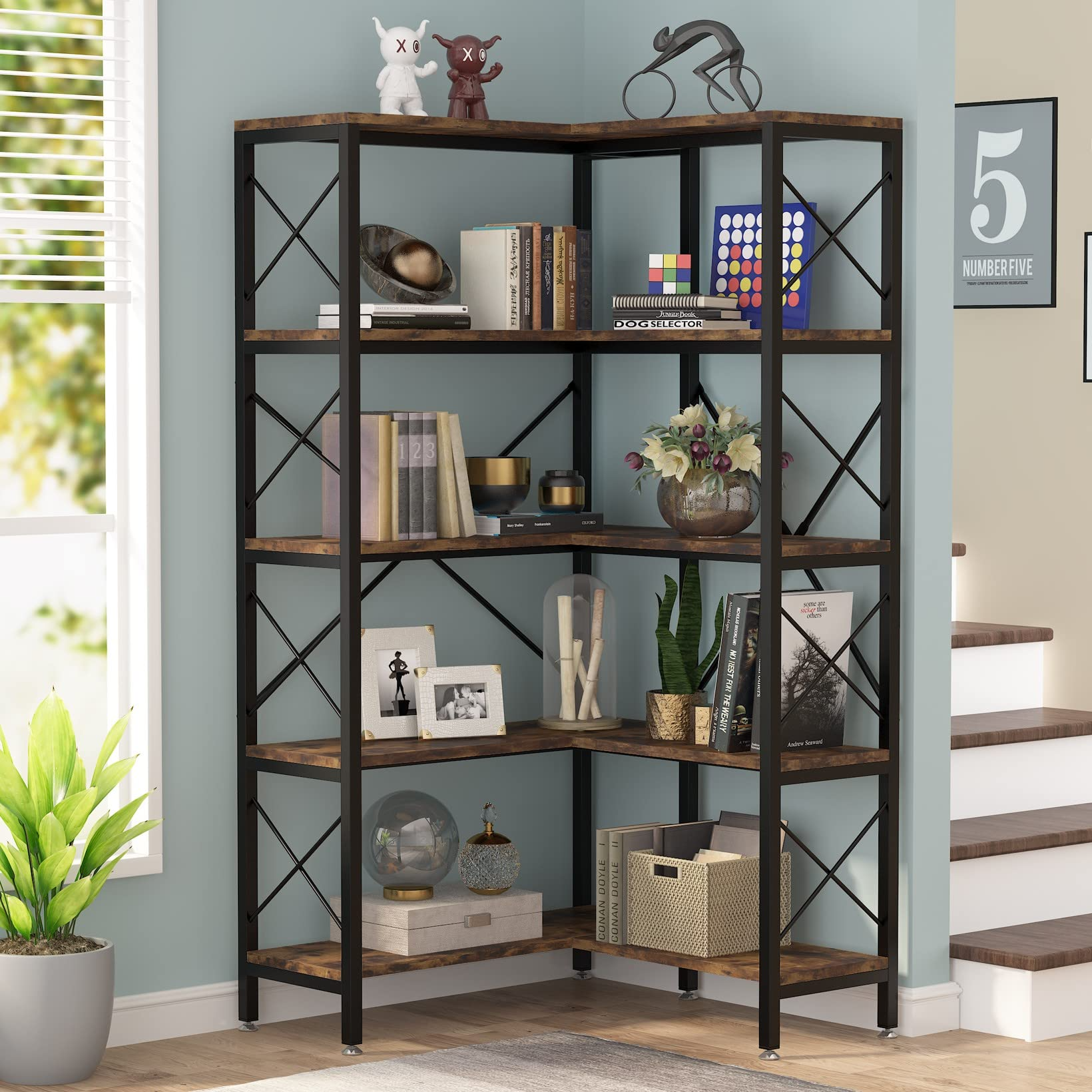 【Furniture】5-Shelf Corner Bookshelf, Large Modern Corner Bookcase, 5-Tier Tall Corner Shelf Storage Display Rack