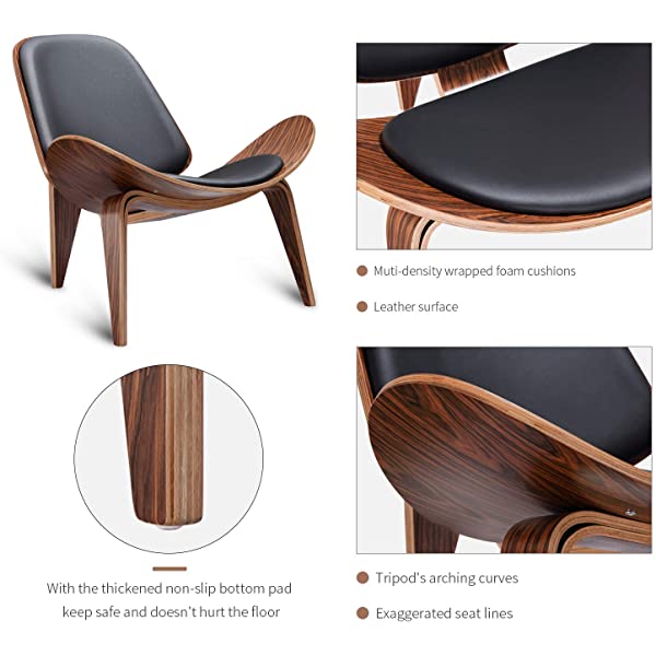 Rimdoc Three-Legged Shell Chair Mid Century Modern Lounge Chair with Black Leather Molded Plywood Accent Chair Reading Side Chair for Bedroom, Study, Office, Living Room (Black Walnut Wood)