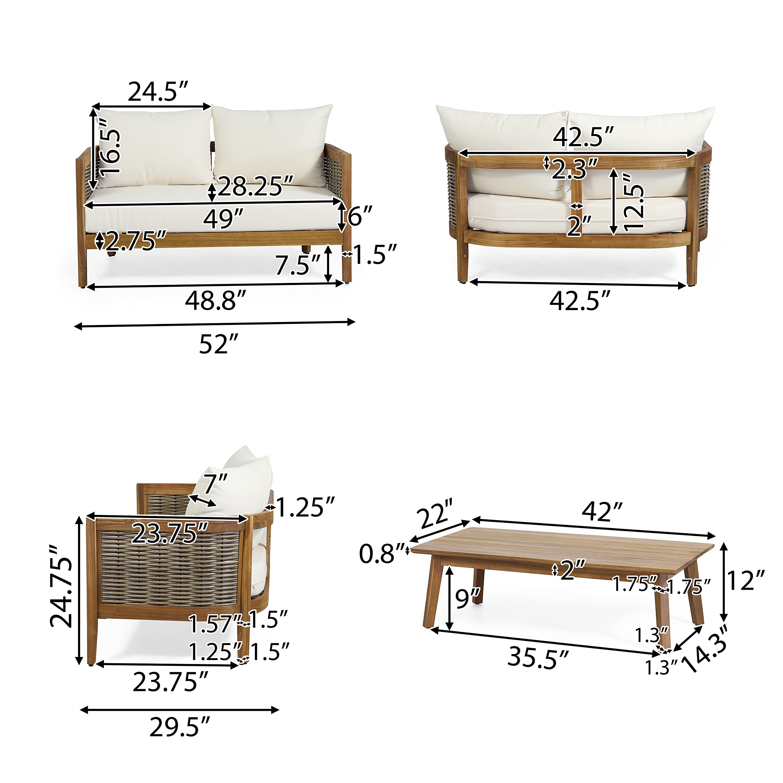 【Furniture】Burchett Outdoor 4 Pcs Chat Set - Acacia Wood and Wicker - Teak/Mixed Brown/Beige