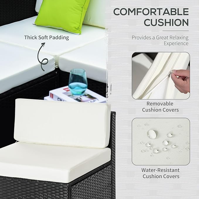 Outsunny 5 Pieces PE Rattan Garden Furniture Set with Cushions, Outdoor Corner Sofa, Patio Sectional Conversation Furniture Sets with Glass Top Coffee Table, Black