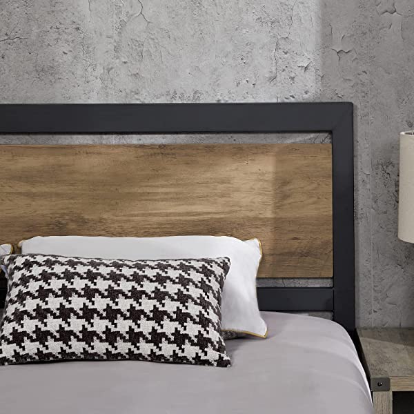 Amerlife Queen Size Bed Frame with Wood Headboard - Metal Platform Bed with Industrial Footboard - Heavy Duty Steel Mattress Foundation/ 4 U-Shaped Support Frames/Rustic Country Style/Easy Assembly Queen Dark Brown