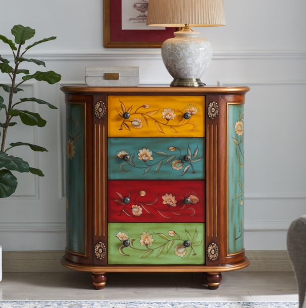 Entrance cabinet solid wood chest of drawers American country side cabinet drawer storage cabinet oval art painted retro complete