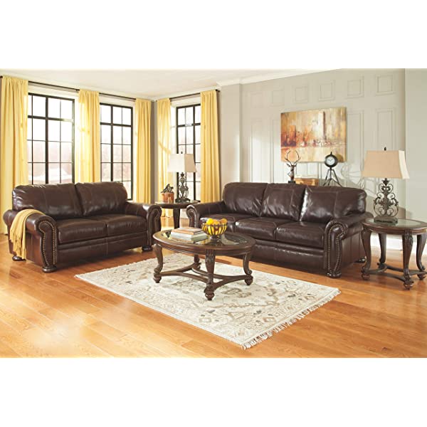 Signature Design by Ashley - Banner Traditional Style Faux Leather Loveseat w/ Nailhead Trim, Coffee Brown