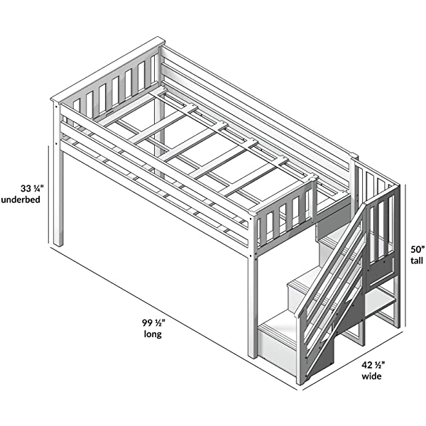 Max & Lily Twin Low Loft Bed with Staircase, White White Low Loft + Staircase Bed