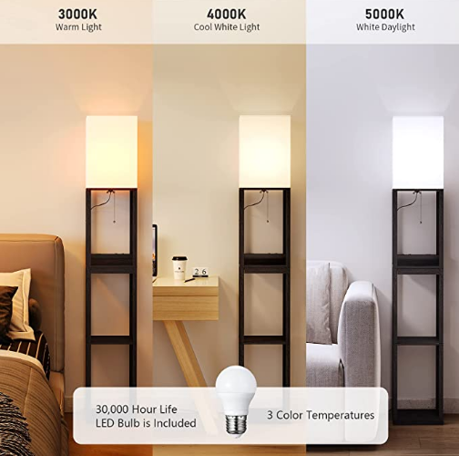 SUNMORY Floor Lamp with Shelves,Modern Dimmable Solid Wood Standing Lamp Both with 1 Drawer and 2 USB Ports & 1 Power Outlet,Corner Tall Bookshelf Lamp for Living Room and Bedroom(Black)