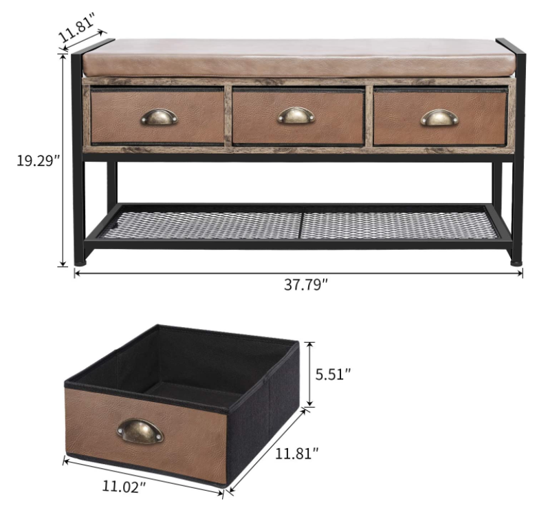 X-cosrack Industrial Shoe Bench Rack, 3-Tier Shoe Storage Organizer Shelf, Cushion Storage Bench with 3 Drawers &Mesh Shelf for Bedroom Hallway Entryway Living Room,Brown and Black