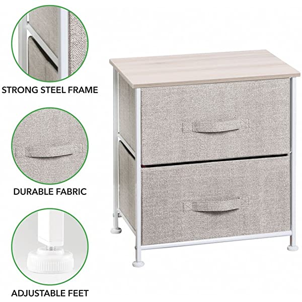 mDesign Storage Dresser End/Side Table Night Stand Furniture Unit - Small Standing Organizer for Bedroom, Office, Living Room, and Closet - 2 Drawer Removable Fabric Bins - Gray/White Grey