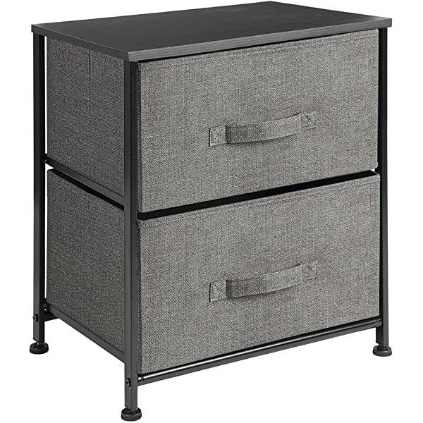 mDesign Storage Dresser End/Side Table Night Stand Furniture Unit - Small Standing Organizer for Bedroom, Office, Living Room, and Closet - 2 Drawer Removable Fabric Bins - Gray/White Grey