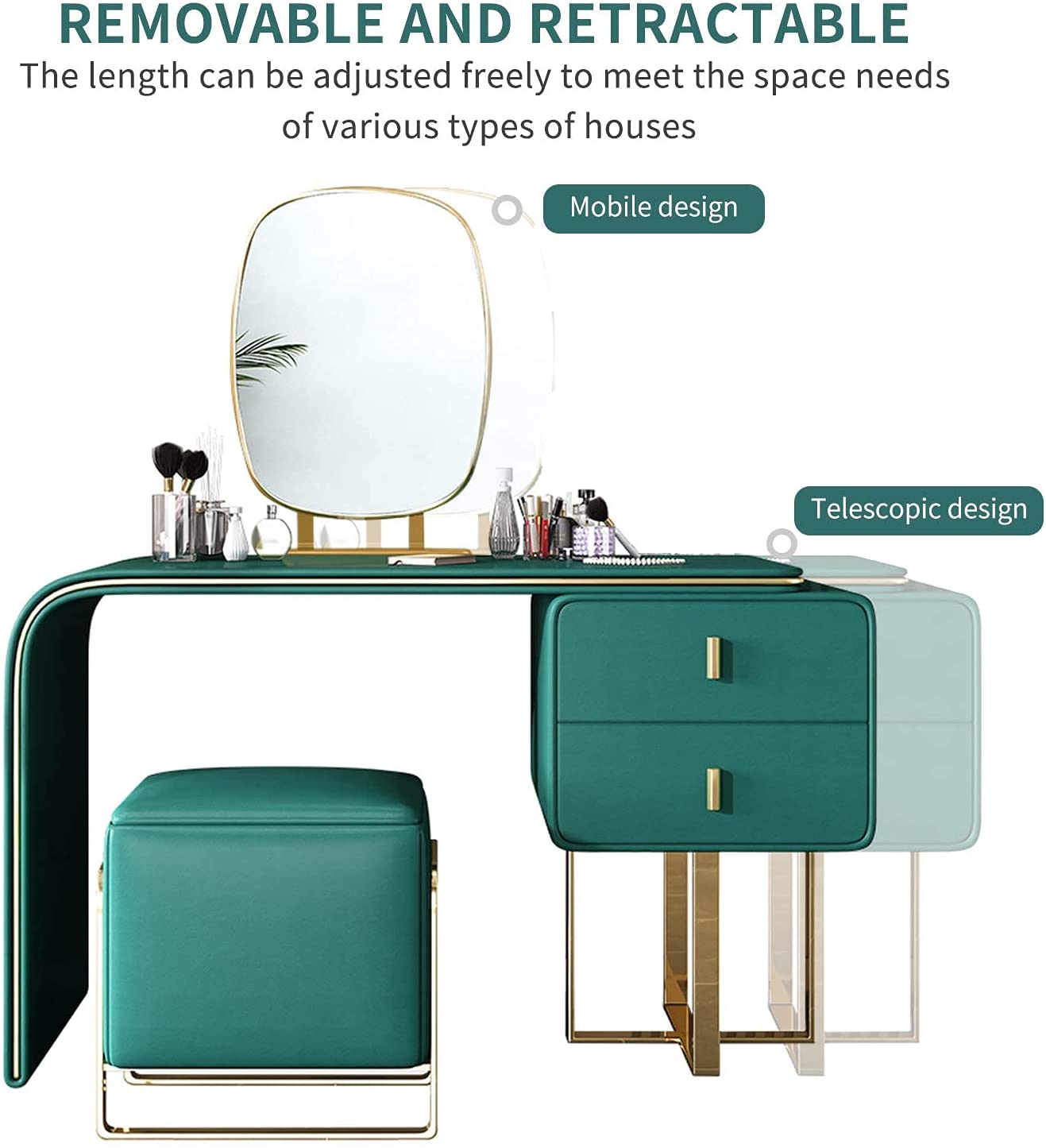 FUKAYI Modern Vanity Set with Lighted Mirror, Makeup Dressing Table with 2 Large Drawer and PU Stool, Dresser Table for Women