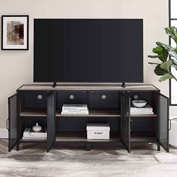 Walker Edison Malcomb Urban Industrial Metal Mesh Double Door Rolling Bar Cabinet, 33 Inch, Rustic Oak Rustic Oak 33 Inch