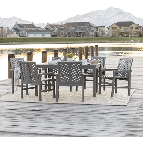 Walker Edison 5 Person Outdoor Wood Chevron Patio Furniture Dining Set Table Chairs Bench All Weather Backyard Conversation Garden Poolside Balcony, 4 Piece, Brown Brown 4 Piece Dining Set