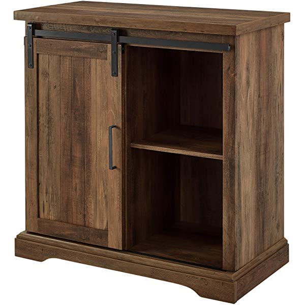 Walker Edison Beaumont Modern Farmhouse Sliding Slat Door Storage Cabinet, 32 Inch, White Oak White Oak Groove Door Cabinet