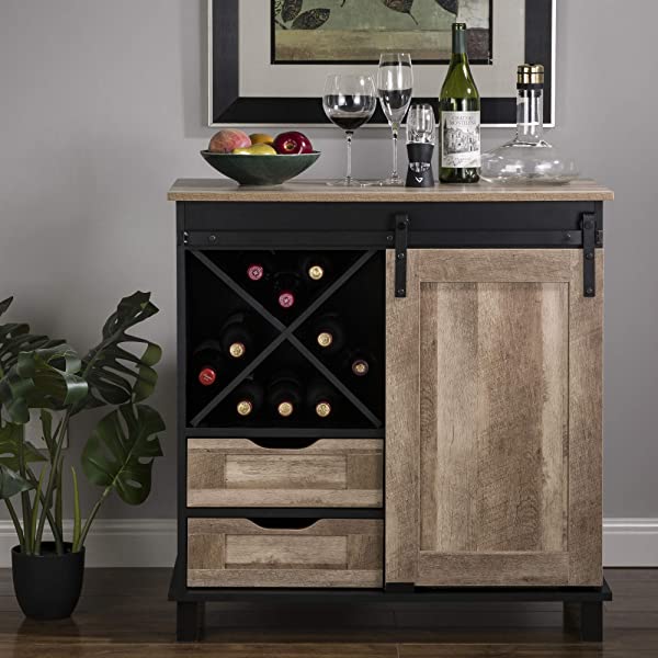 Glitzhome Wood Rustic Wine Cabinet 2-Sections Bar Cabinet with Wine Storage 31.5”L Sideboard Table with Drawers Wood Sideboard with Wine Display for Kitchen Dining Room 2 piece