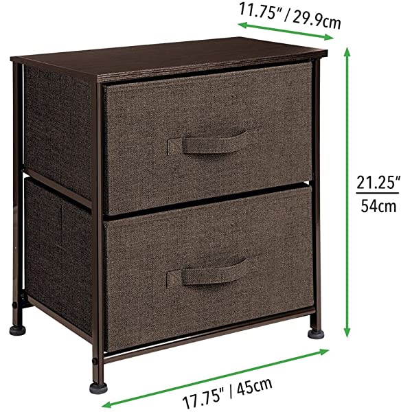 mDesign Storage Dresser End/Side Table Night Stand Furniture Unit - Small Standing Organizer for Bedroom, Office, Living Room, and Closet - 2 Drawer Removable Fabric Bins - Gray/White Grey