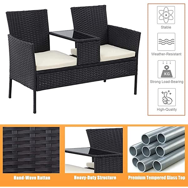 Outdoor Patio Loveseats, Patio Conversation Set with Cushions and Table, Wicker Sofa Set with Built-in Coffee Table, Tempered Glass Top, Modern Rattan Sofas for Garden Lawn Backyard Beige