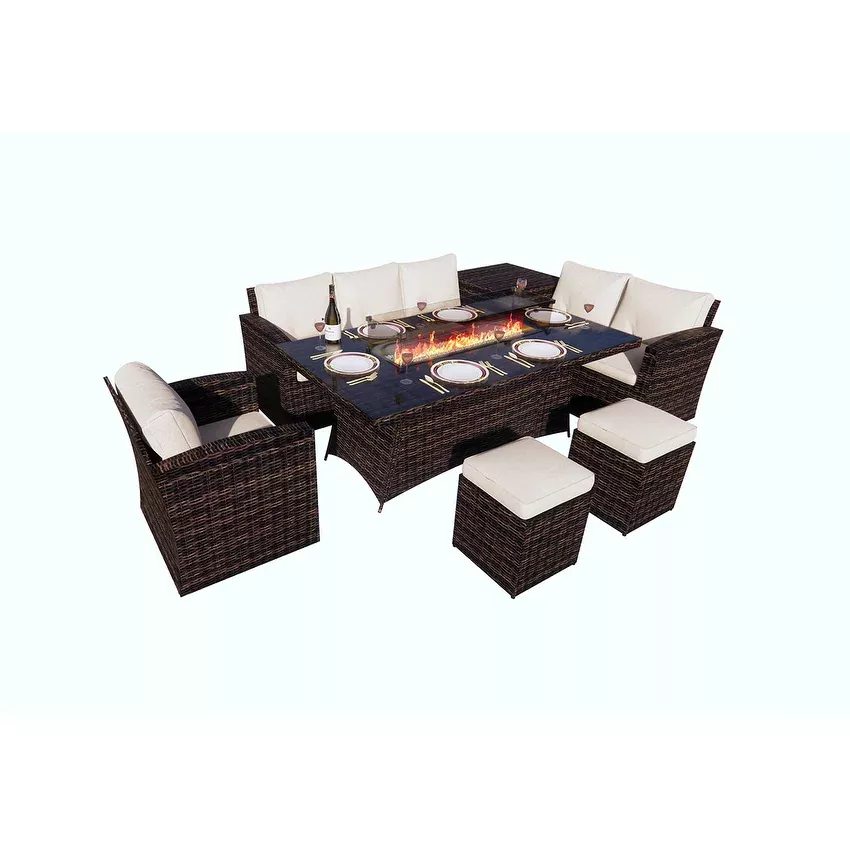Morden 7-piece Outdoor Wicker Sofa with Fire Pit Table Patio Conversation sofa Set Dining Set