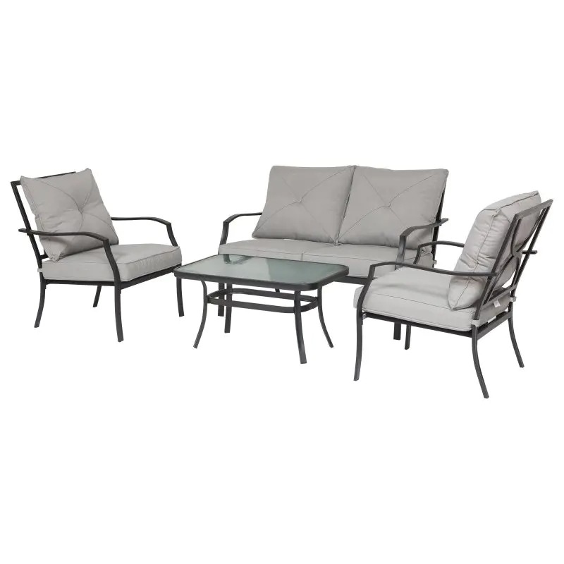 【Home&Garden】Outsunny 4 Pcs Metal Frame Garden Chatting Set w Sofa 2 Chairs Glass Top Table Foam Cushions
