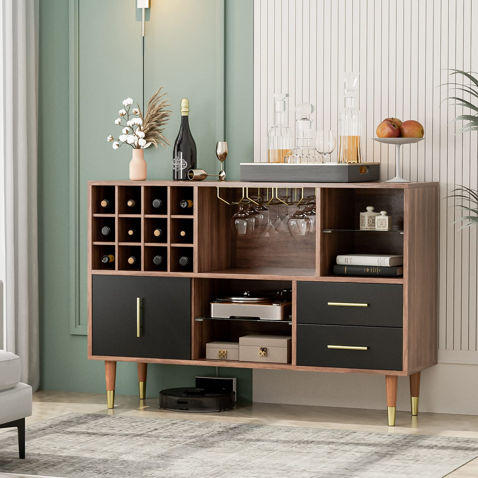 【Furniture】Accent Kitchen Buffet Sideboard with Storage, Wood Cabinet Server Cupboard with 12 Wine Bottle Rack