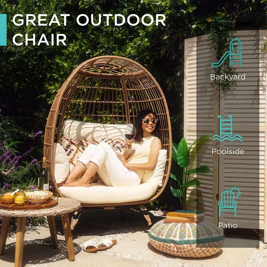 BEST CHOICE PRODUCTS WICKER EGG CHAIR, OVERSIZED INDOOR OUTDOOR LOUNGER FOR PATIO, BACKYARD, LIVING ROOM W/ 4 CUSHIONS, STEEL FRAME, 440LB