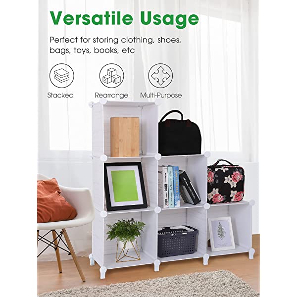 Puroma Cube Storage Organizer 6-Cube Closet Storage Shelves with Wooden Mallet DIY Closet Cabinet Bookshelf Plastic Square Organizer Shelving for Home, Office, Bedroom - Black Black Medium