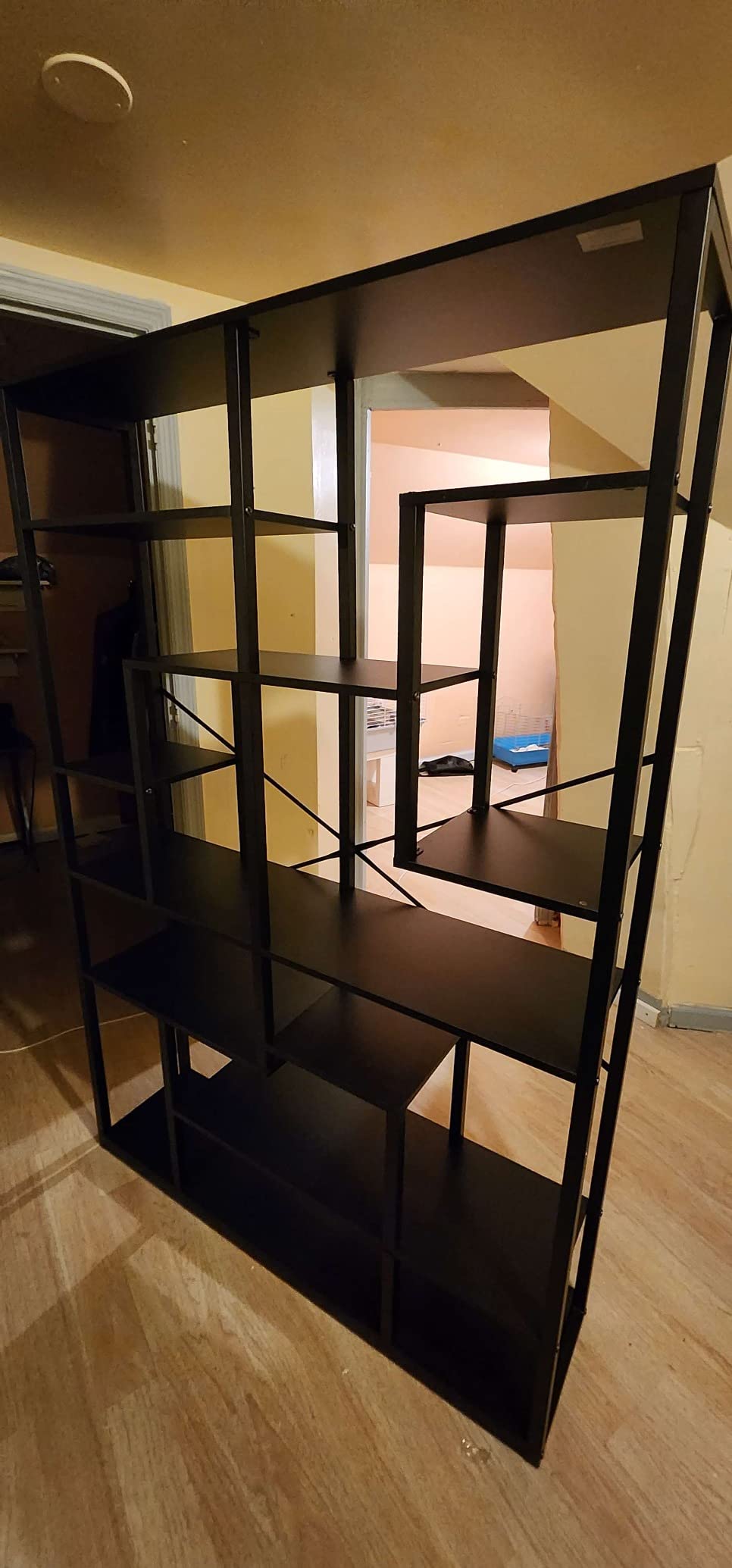 【Furniture】Black Bookshelf 47” Bookcase 9 Tier Tall Book Shelf Rustic Geometric Bookcase Display Shelf Organizer