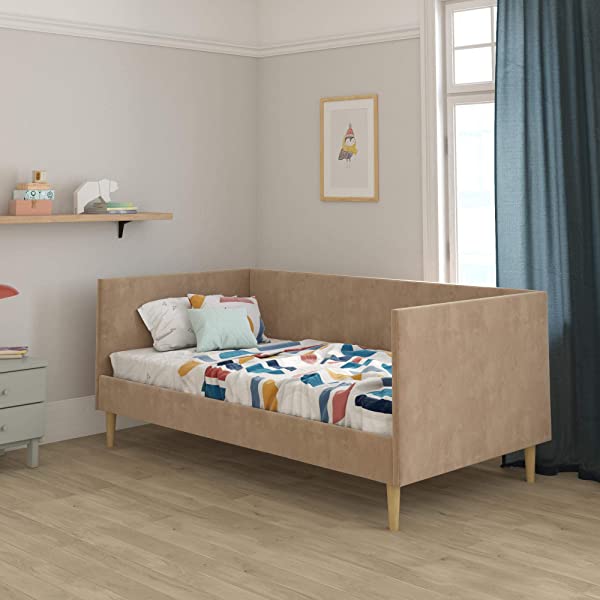 DHP Franklin Mid Century Upholstered Daybed, Sofa Bed, Twin Size Frame, Tan Linen Linen Twin Tan