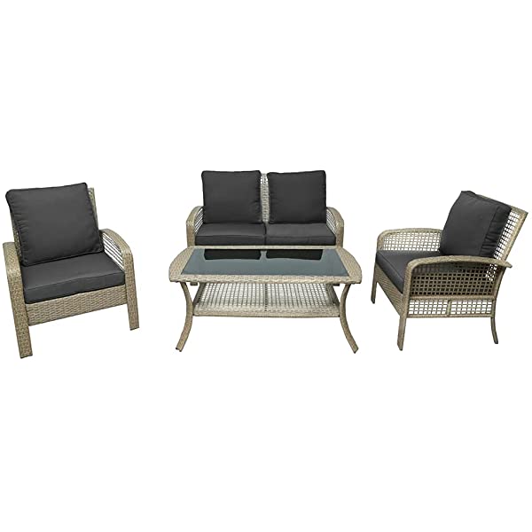4 Pieces Outdoor Patio Furniture Set Wicker Rattan Cushioned Sectional Sofa Sets with Armchairs and Tempered Glass Table with Storage Shelf (Gray) Grey