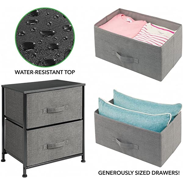 mDesign Storage Dresser End/Side Table Night Stand Furniture Unit - Small Standing Organizer for Bedroom, Office, Living Room, and Closet - 2 Drawer Removable Fabric Bins - Gray/White Grey