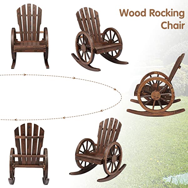 Kinsunny Rustic Wood Wagon Rocking Chair Outdoor Patio Lounge Rocker Set with Wheel Armrest for Garden, Country, Yard 1pc