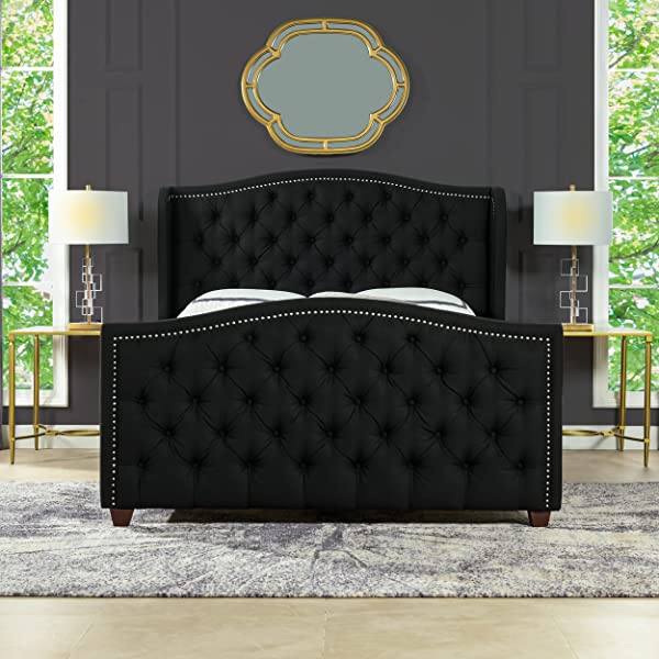 Jennifer Taylor Home Marcella Collection Queen Wingback Tufted Hand-Applied Nail Heads Upholstered Bed, Antique White Antique White Queen