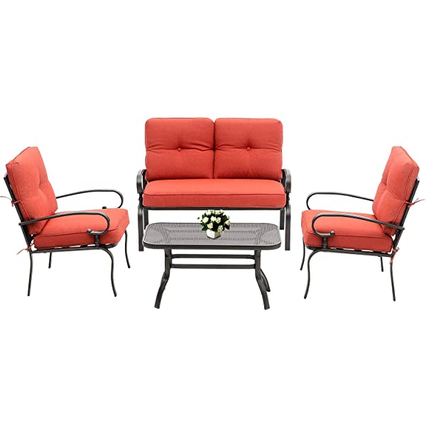 Oakmont Outdoor Furniture Patio Conversation Set Loveseat, 2 Chairs, Coffee Table with Cushion, Lawn Front Porch Garden, Metal Chair Set Wrought Iron Look (Red)