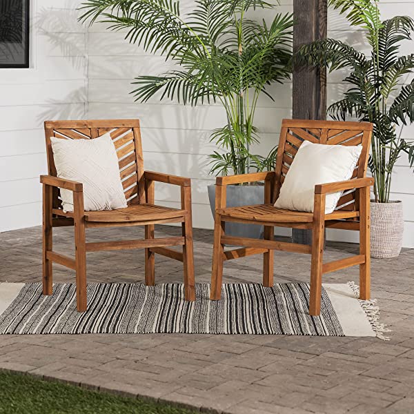 Walker Edison 5 Person Outdoor Wood Chevron Patio Furniture Dining Set Table Chairs Bench All Weather Backyard Conversation Garden Poolside Balcony, 4 Piece, Brown Brown 4 Piece Dining Set