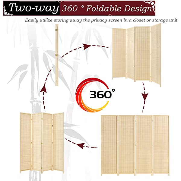 oneinmil Bamboo Room Divider, Semi-Private Folding Portable Partition Screen with Two-Way Hinge, Handmade Bamboo and Wood, 6 Panel