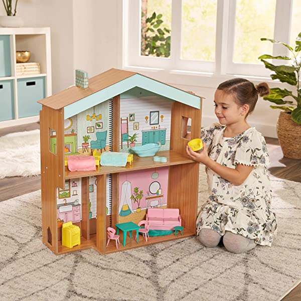 KidKraft Designed by Me™: Magnetic Makeover Wooden Dollhouse with Magnets, Fabric Wallpapers and 10 Pieces of Furniture, Gift for Ages 3+ Modern