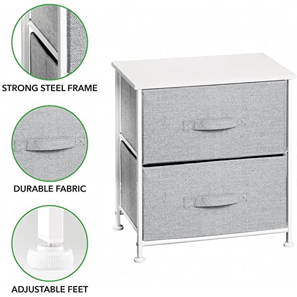 mDesign Storage Dresser End/Side Table Night Stand Furniture Unit - Small Standing Organizer for Bedroom, Office, Living Room, and Closet - 2 Drawer Removable Fabric Bins - Gray/White Grey