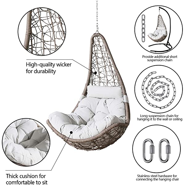 Ulax Furniture Outdoor Wicker Hanging Chair Swing, Patio Hanging Basket Swing Chair with Hanging Steel Chain (Beige)