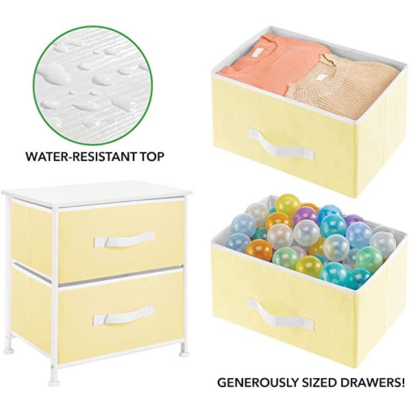 mDesign Storage Dresser End/Side Table Night Stand Furniture Unit - Small Standing Organizer for Bedroom, Office, Living Room, and Closet - 2 Drawer Removable Fabric Bins - Gray/White Grey