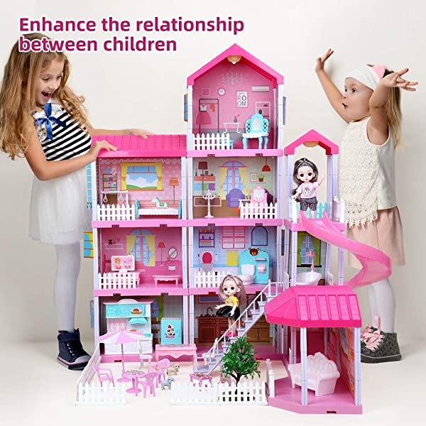 Doll House Kit,Dollhouse with Lights, Slide, Pets and Dolls, DIY Pretend Play Building Playset Toys with Asseccories and Furniture, Princess House for Toddlers, Kids Boy & Girl (11 Rooms)