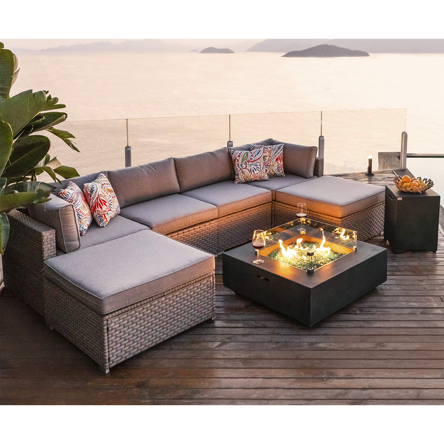 【Home&Garden】8-Pc Fire Pit Table Outdoor Furniture Sofa, Wicker Cushion Sectional w Celadon Fire Heater