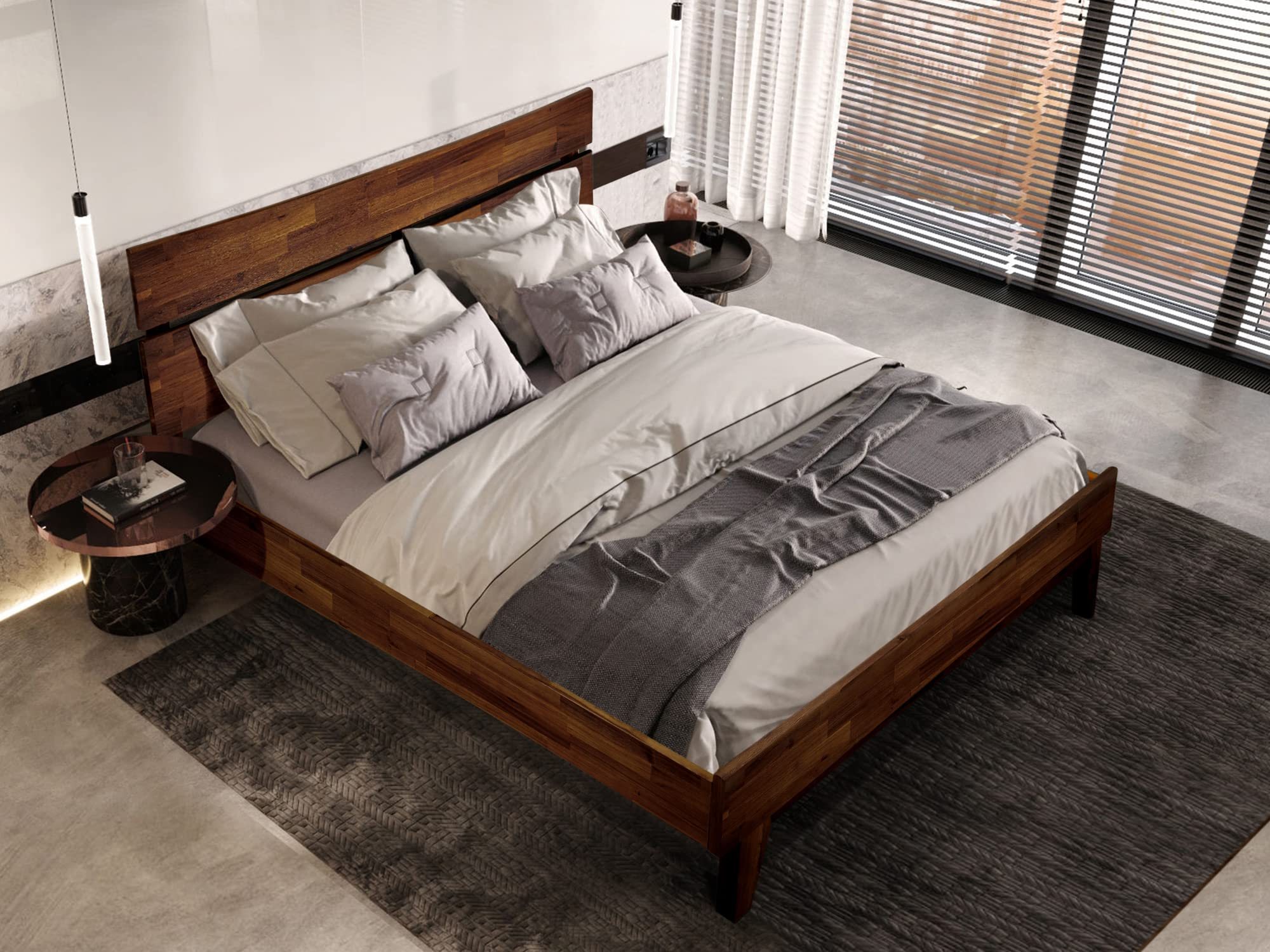 【Furniture】Acacia Aurora 14 Inch Wood Platform Bed, Bed Frame with Headboard, King Size