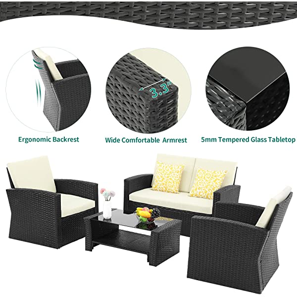 YITAHOME 4 Pieces Outdoor Furniture Sofa Set, PE Rattan Wicker Sectional Furniture Conversation Set with Cushions and Table for Porch Lawn Garden, Black